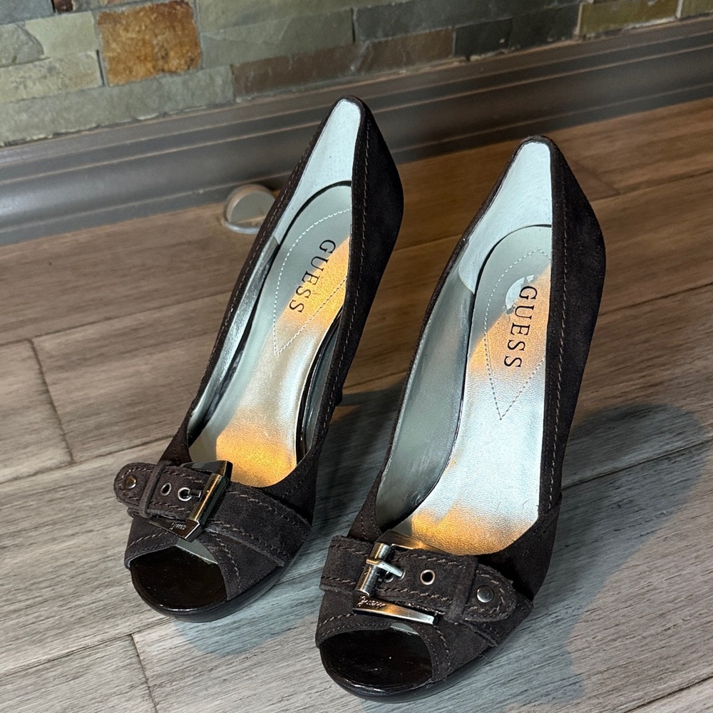 Guess Dark Brown Peep Toe Heels with Buckle